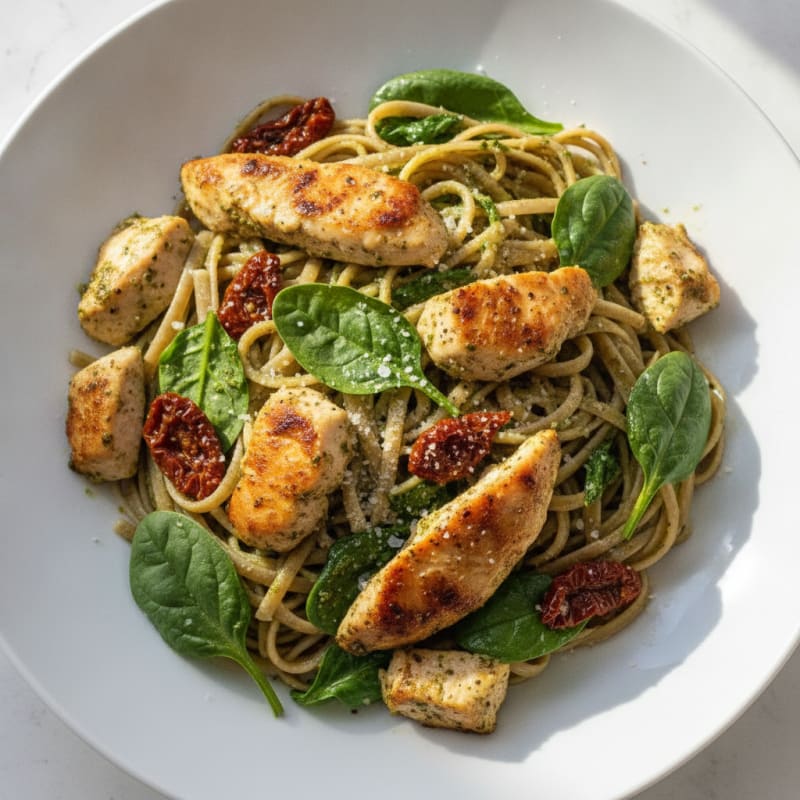 Pesto Chicken Linguine with Sun-Dried Tomatoes