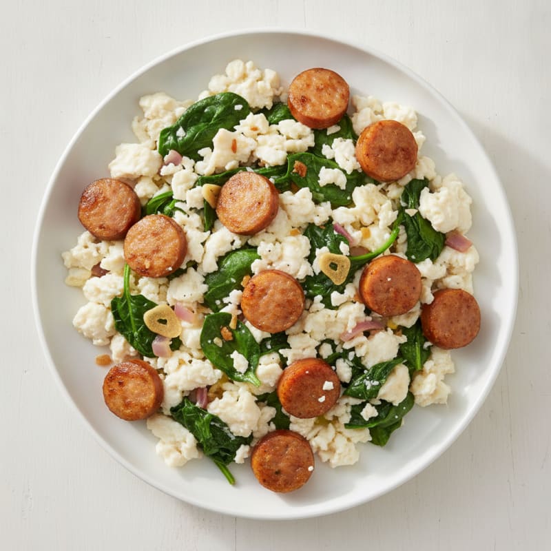 Egg White Scramble with Turkey Sausage and Sautéed Spinach