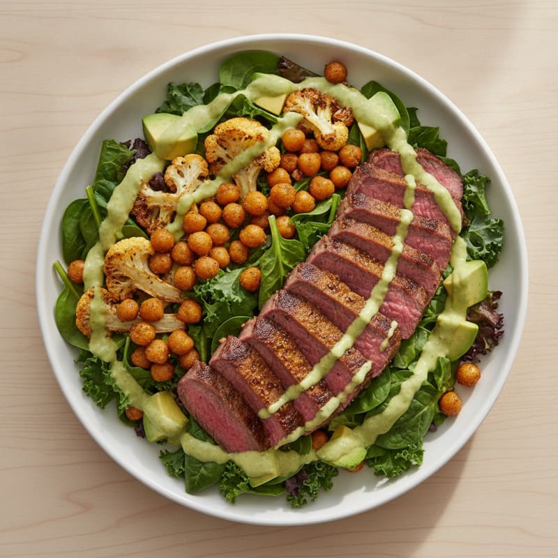 Seared Steak Salad with Creamy Avocado and Roasted Chickpeas