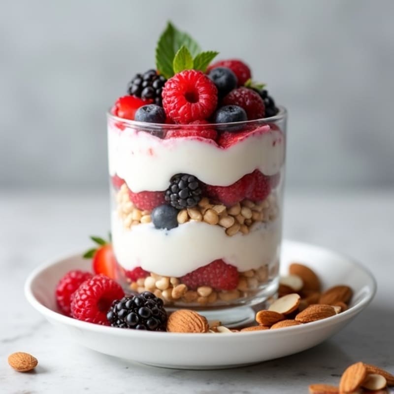 Greek Yogurt Protein Parfait with Mixed Berries and Almonds