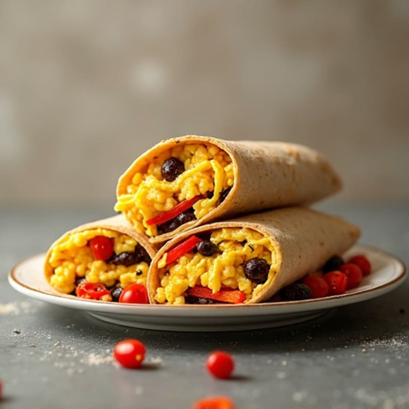 Fluffy Scrambled Egg and Black Bean Breakfast Burrito with Roasted Peppers