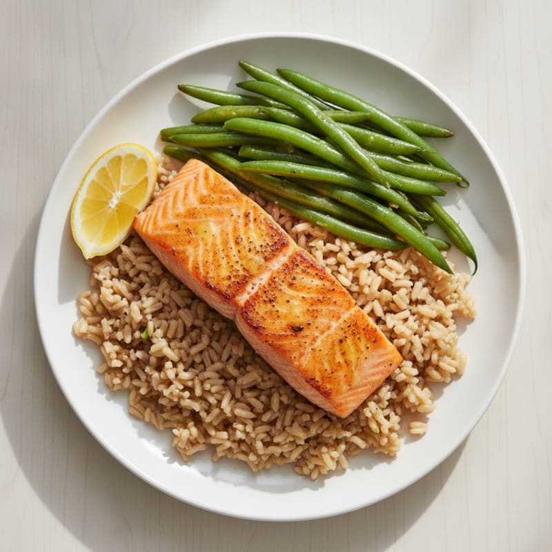 Seared Salmon with Steamed Green Beans and Brown Rice
