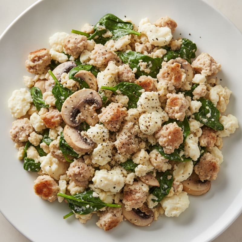 Egg White and Turkey Sausage Scramble with Spinach and Mushrooms