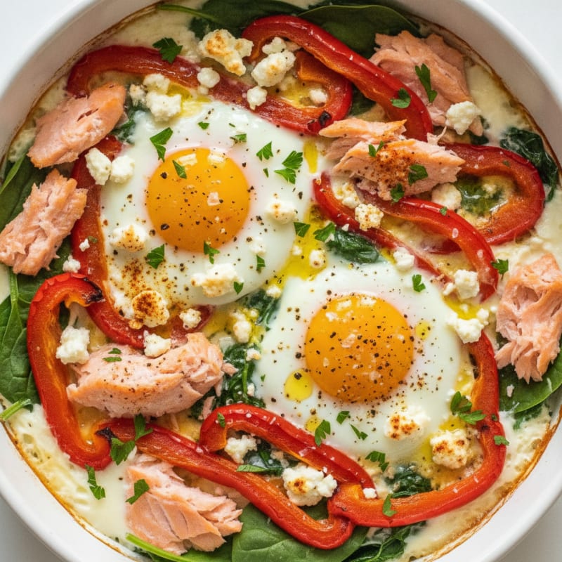 Baked Eggs with Roasted Red Pepper and Salmon