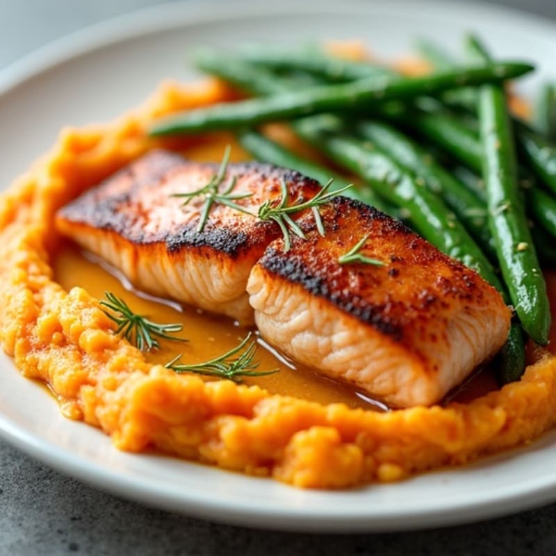 Seared Salmon Fillet with Garlic Green Beans and Sweet Potato Mash