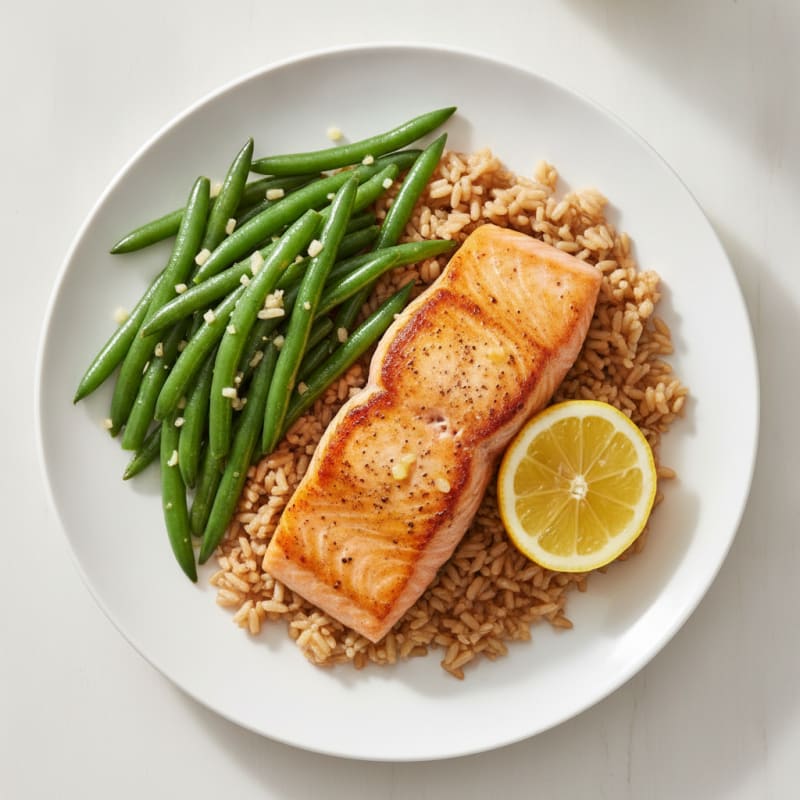 Seared Salmon with Garlic Green Beans and Brown Rice