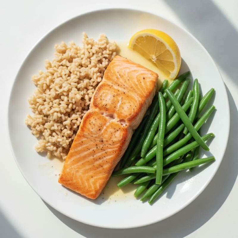 Seared Salmon with Steamed Green Beans and Brown Rice