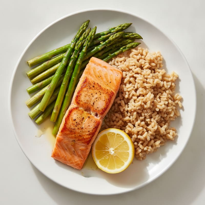 Seared Salmon with Steamed Asparagus and Brown Rice