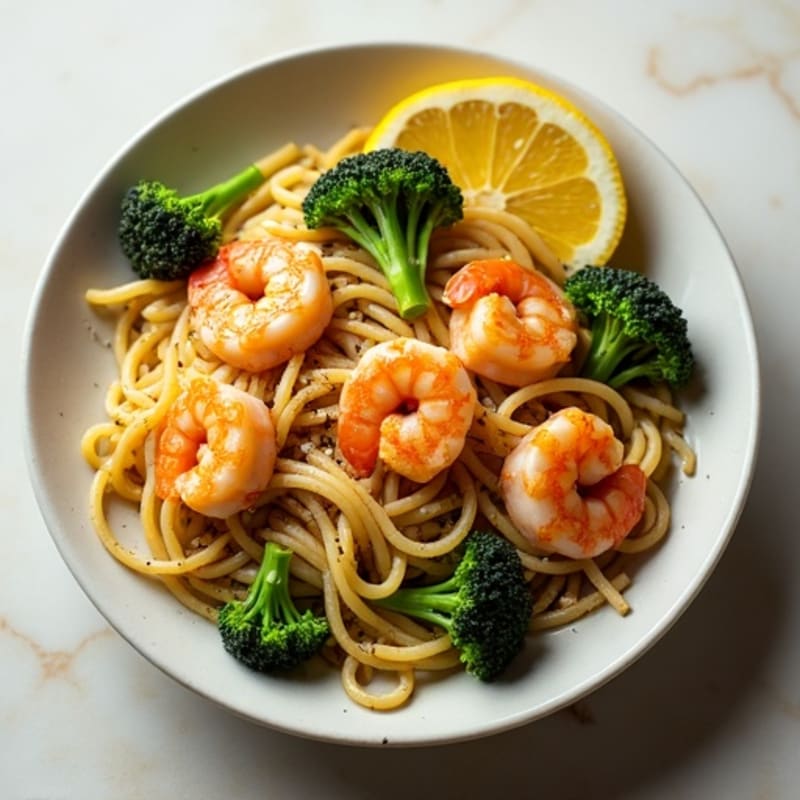 Roasted Garlic Lemon Shrimp Pasta with Charred Broccoli