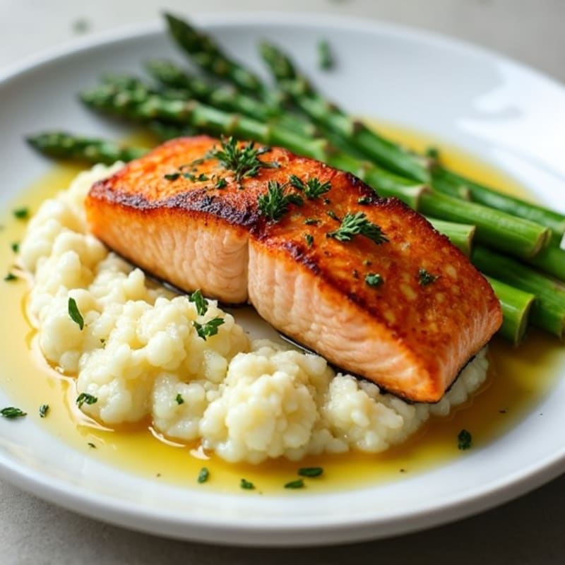 Seared Salmon with Steamed Asparagus and Garlic Mashed Cauliflower