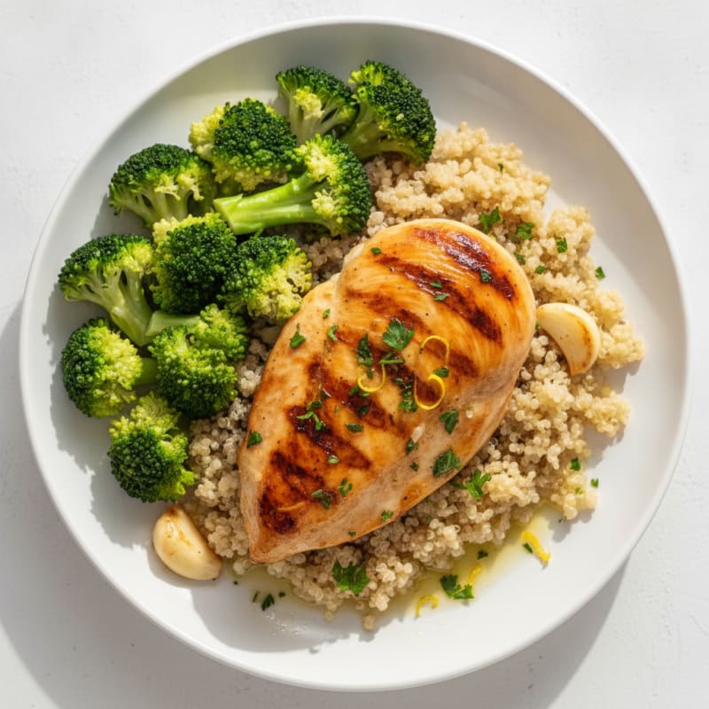 Grilled Lemon Garlic Chicken Breast with Quinoa and Steamed Broccoli