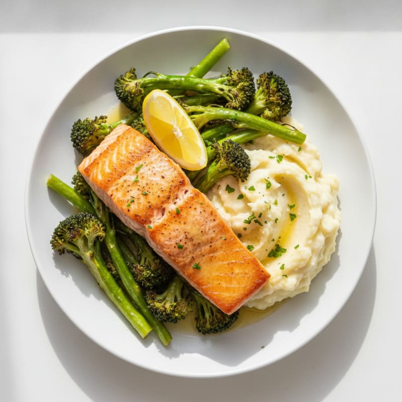 Seared Salmon with Roasted Broccoli and Garlic Mashed Potatoes