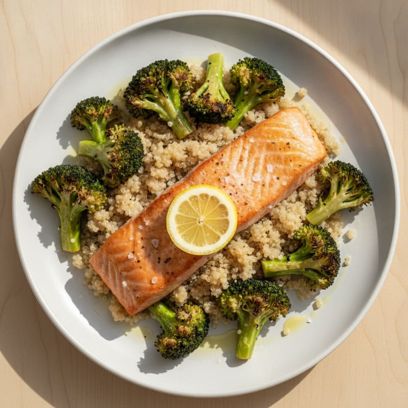 Seared Salmon with Roasted Broccoli and Quinoa