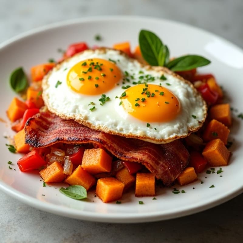 Sweet Potato Hash with Crispy Turkey Bacon and Fried Eggs