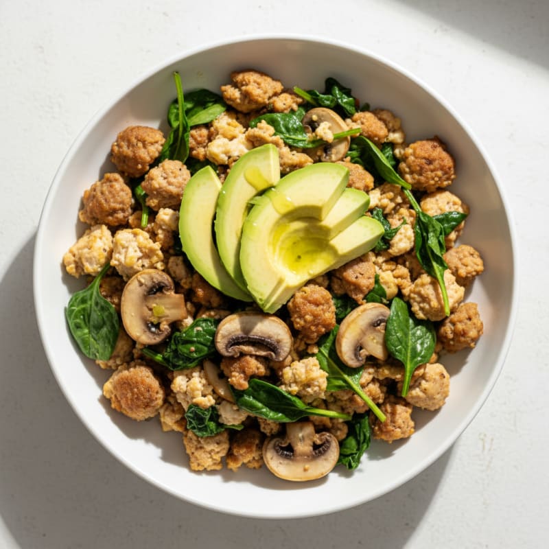Egg White and Turkey Sausage Scramble with Spinach and Mushrooms