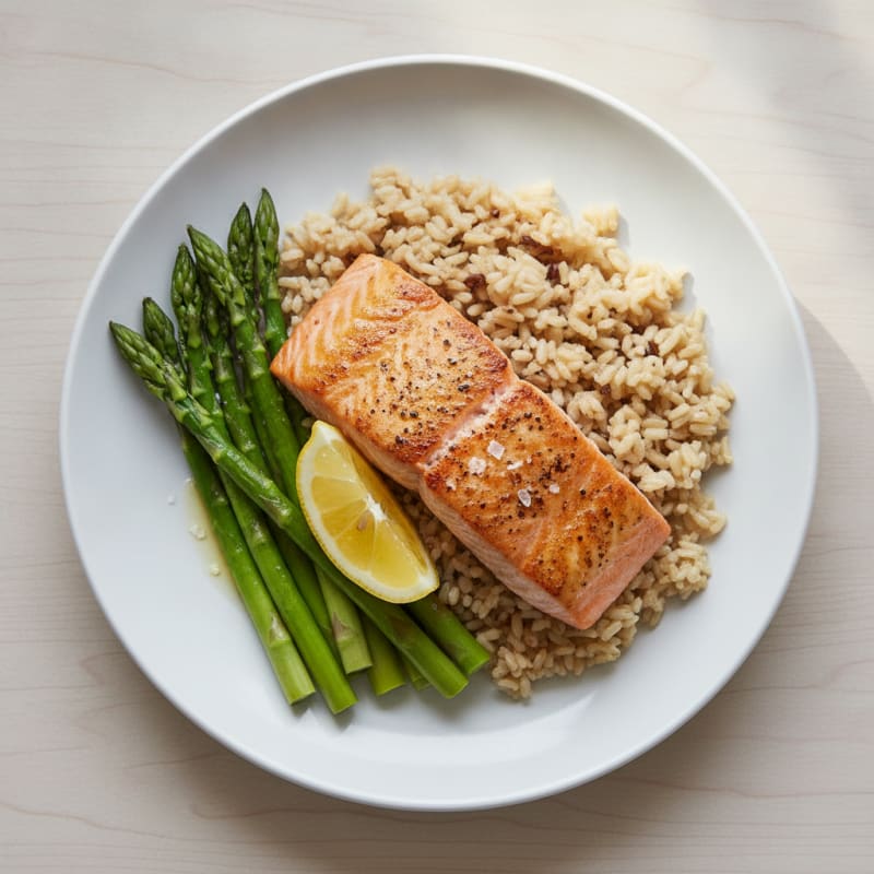 Seared Salmon with Steamed Asparagus and Brown Rice