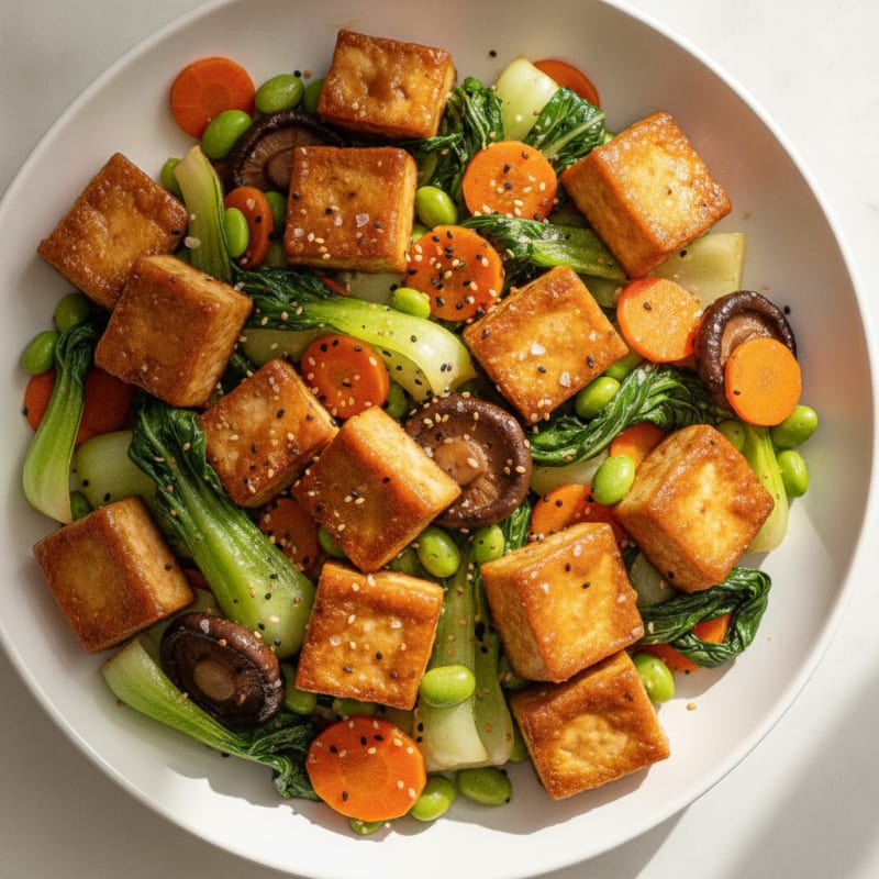 Broiled Tofu and Japanese Vegetable Medley