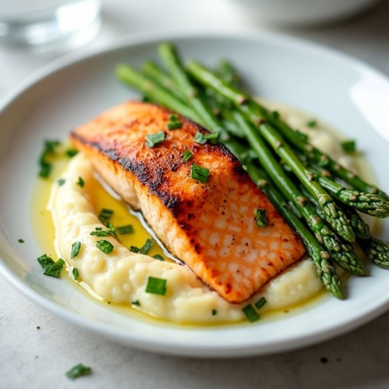 Seared Salmon with Steamed Asparagus and Cauliflower Mash