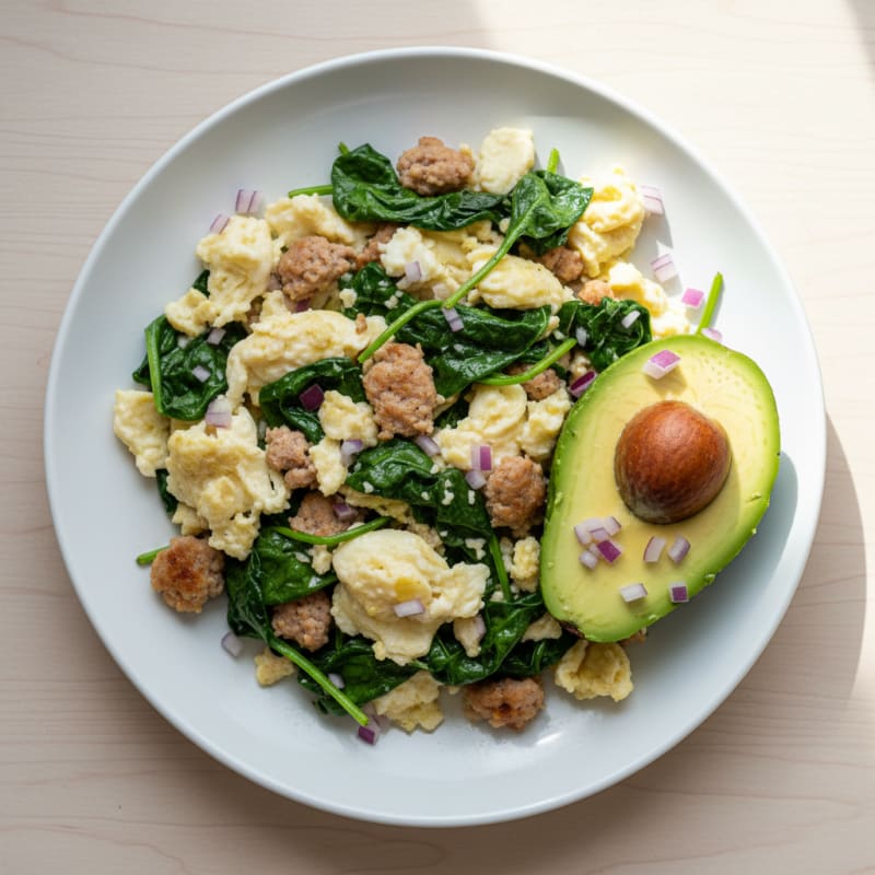 Egg White Scramble with Turkey Sausage and Sautéed Spinach