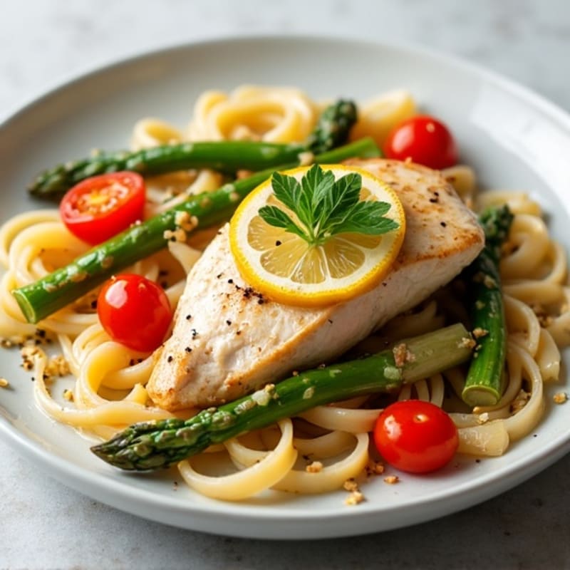 Lemon Garlic Chicken Pasta with Roasted Asparagus and Cherry Tomatoes