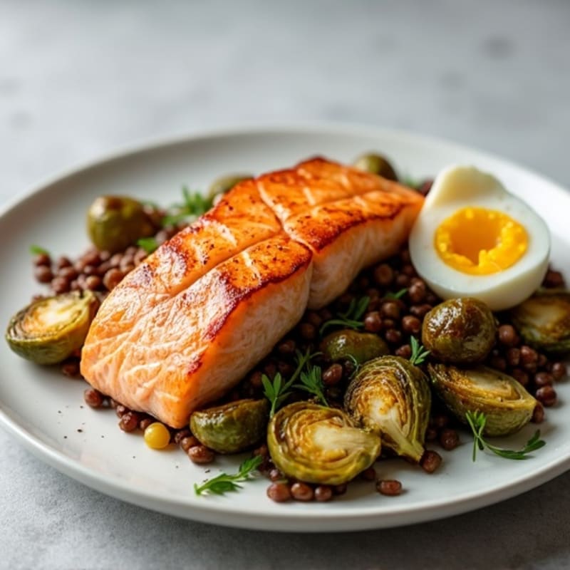 Seared Salmon Fillet with Lentil Salad and Roasted Brussels Sprouts