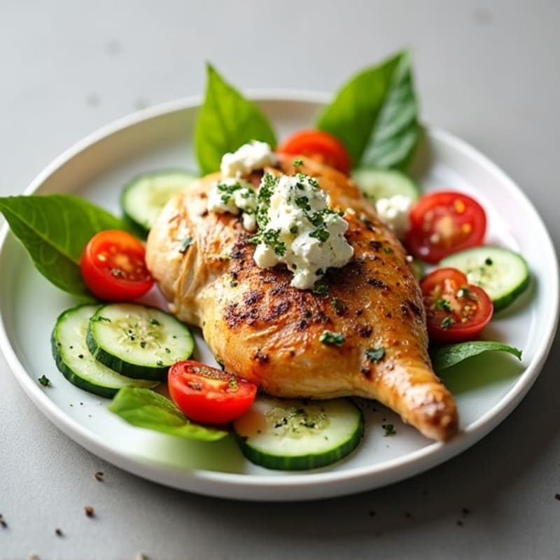 Herb-Roasted Chicken with Crisp Cucumber, Tomato, and Creamy Feta Salad