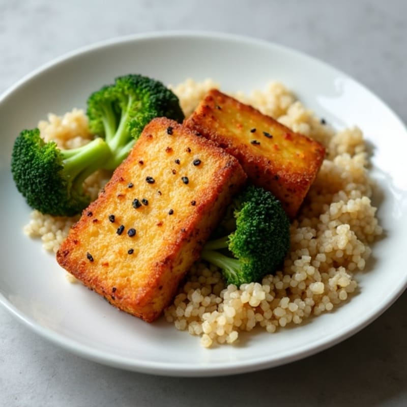 Crispy Tofu with Roasted Broccoli and Quinoa