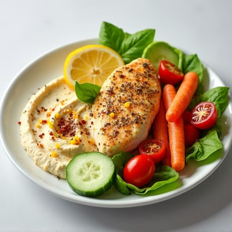 Creamy Hummus Plate with Fresh Vegetables and Lemon-Herb Chicken