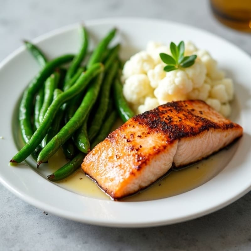 Seared Salmon with Garlic Green Beans and Cauliflower Mash