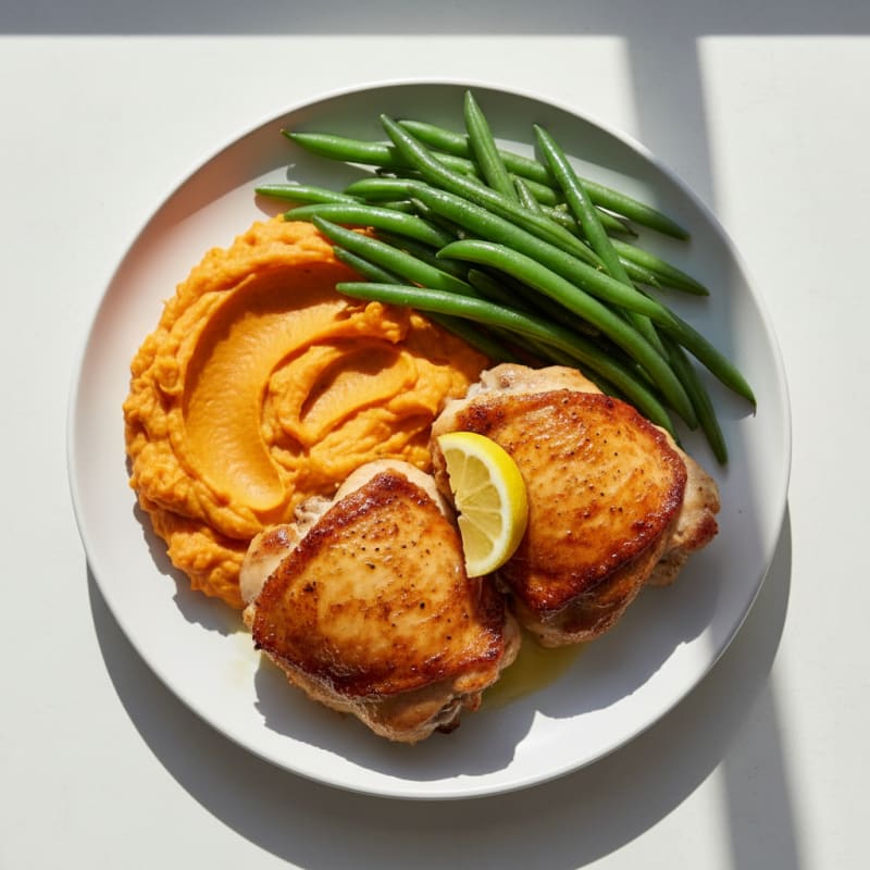 Seared Chicken Thighs with Steamed Green Beans and Sweet Potato Mash