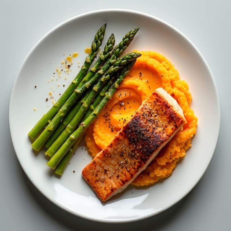Seared Salmon with Roasted Asparagus and Sweet Potato Mash