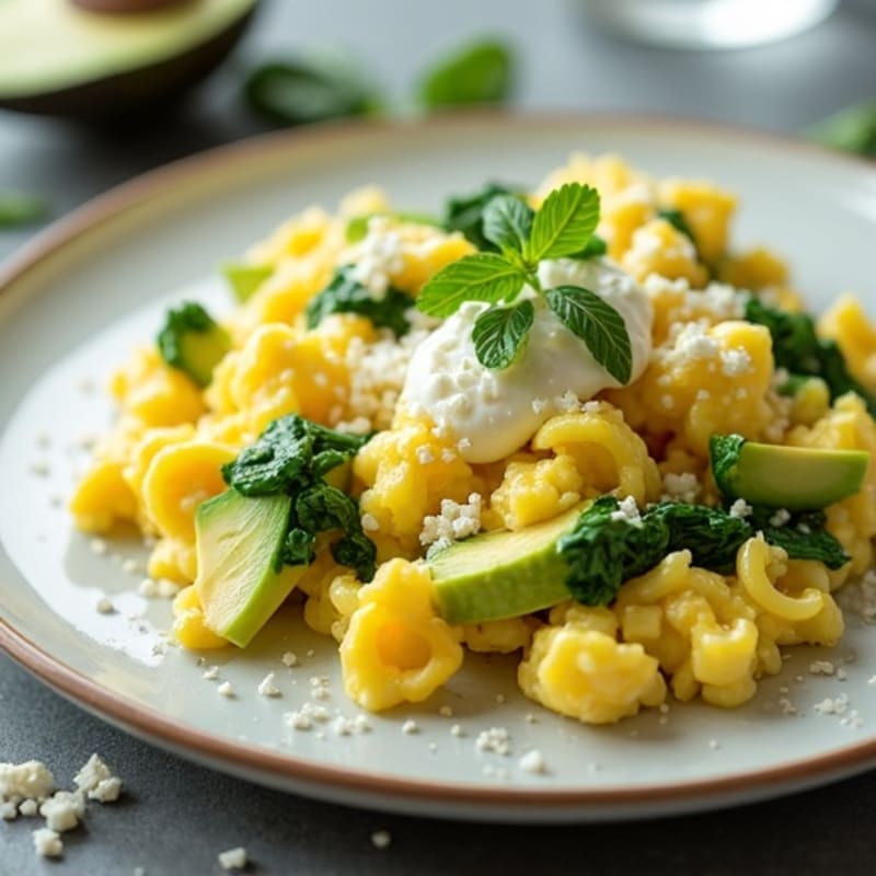 Fluffy Scrambled Eggs with Fresh Spinach and Creamy Avocado