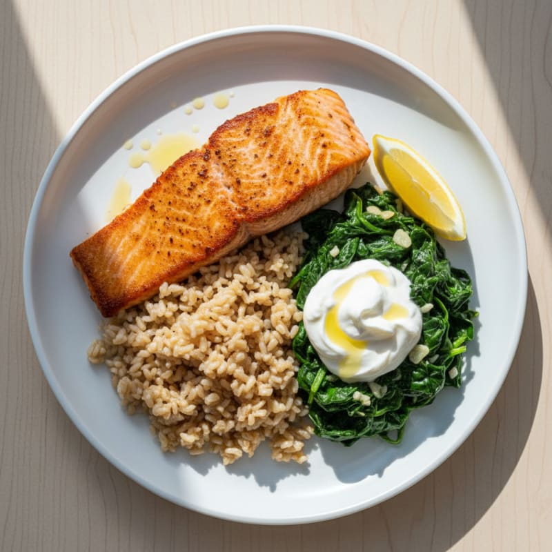Seared Salmon with Creamy Spinach and Brown Rice