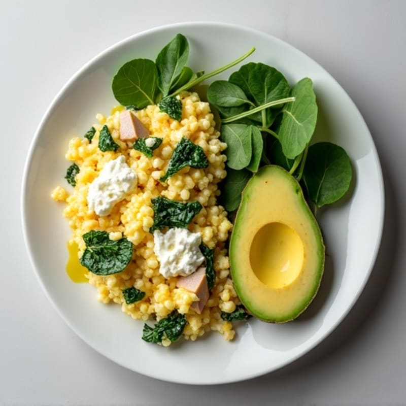 Egg White and Spinach Scramble with Cottage Cheese and Sliced Turkey