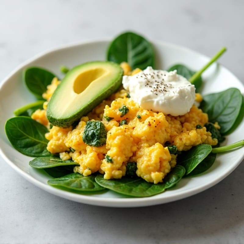 Egg White and Spinach Scramble with Cottage Cheese and Avocado