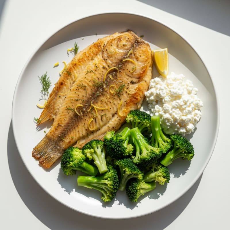 Seared Tilapia with Steamed Broccoli and Cottage Cheese