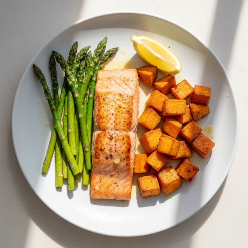 Seared Salmon with Roasted Sweet Potatoes and Asparagus