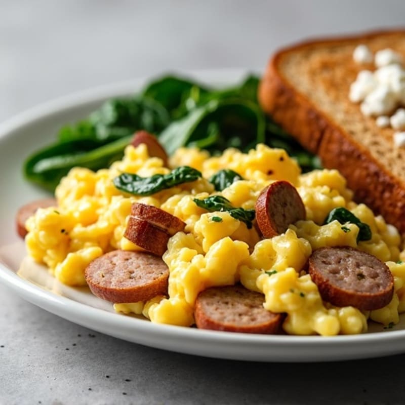 Egg White and Turkey Sausage Scramble with Sautéed Spinach