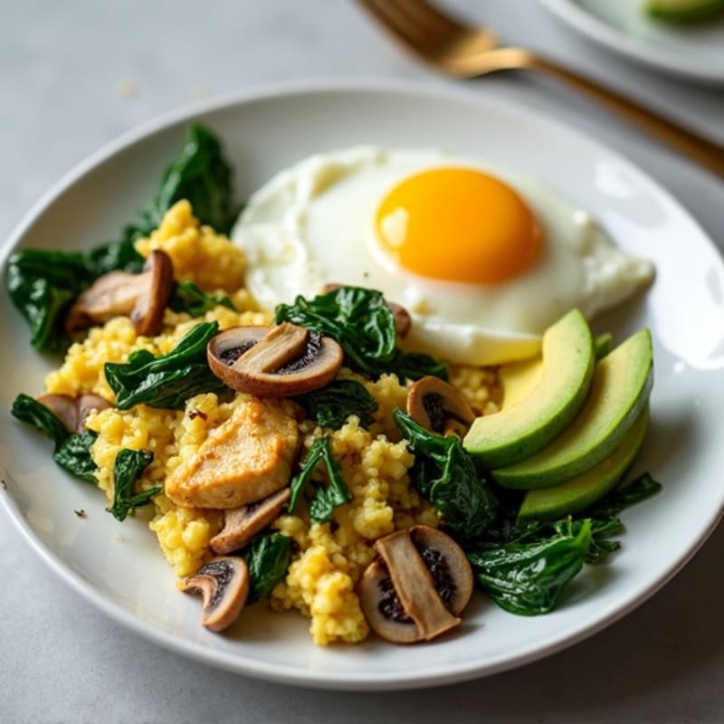 Chicken and Spinach Egg White Scramble with Sautéed Mushrooms