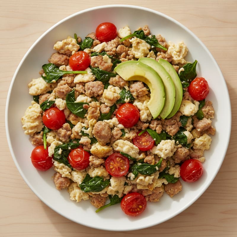 Egg White and Turkey Sausage Scramble with Spinach and Cherry Tomatoes