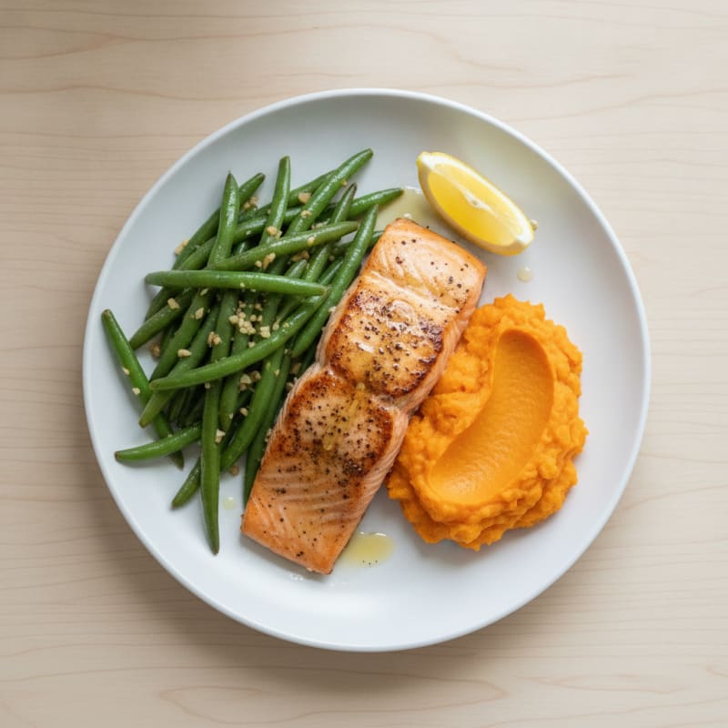 Seared Salmon with Garlic Green Beans and Sweet Potato Mash