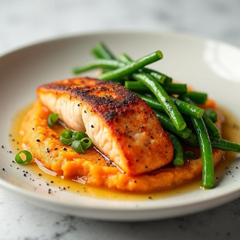 Seared Salmon with Steamed Green Beans and Mashed Sweet Potatoes