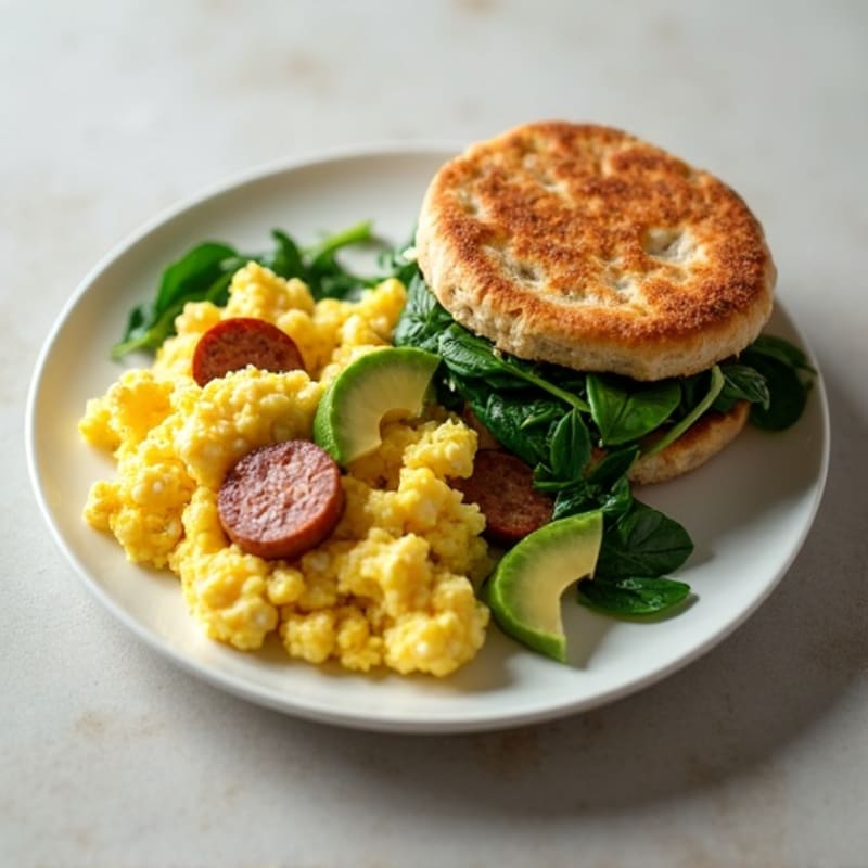 Egg White Scramble with Turkey Sausage and Sautéed Spinach