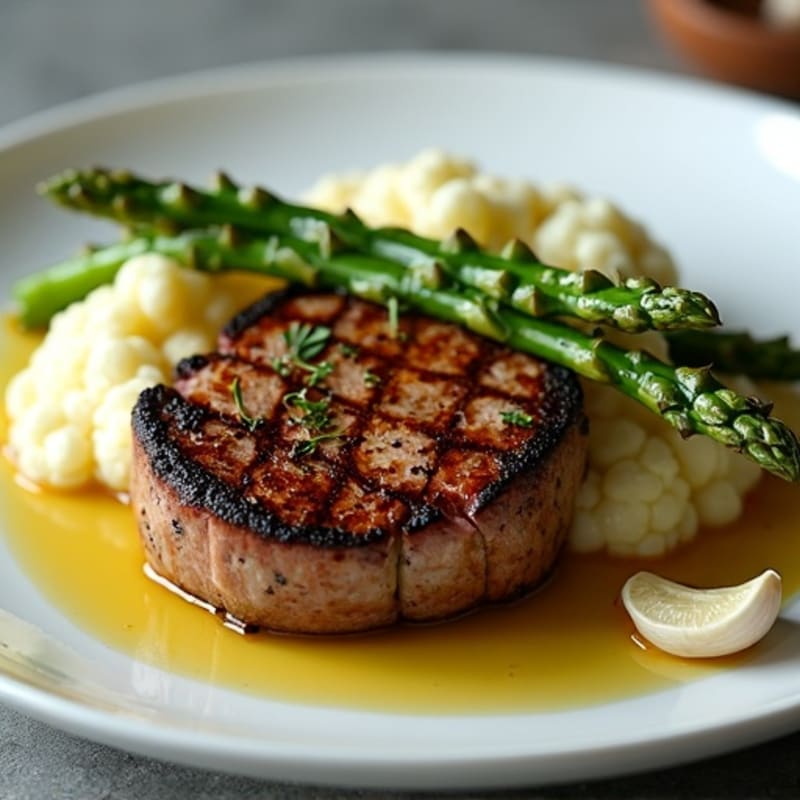 Seared Sirloin Steak with Roasted Asparagus and Garlic Mashed Cauliflower
