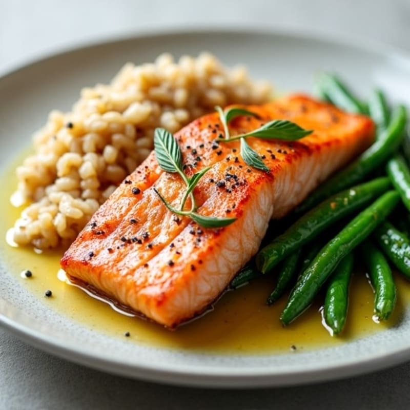 Seared Salmon with Garlic Green Beans and Brown Rice