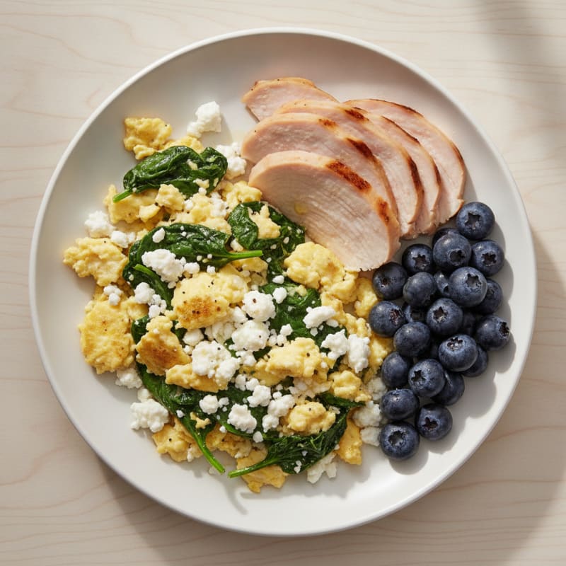 Cottage Cheese and Spinach Egg Scramble with Sliced Turkey