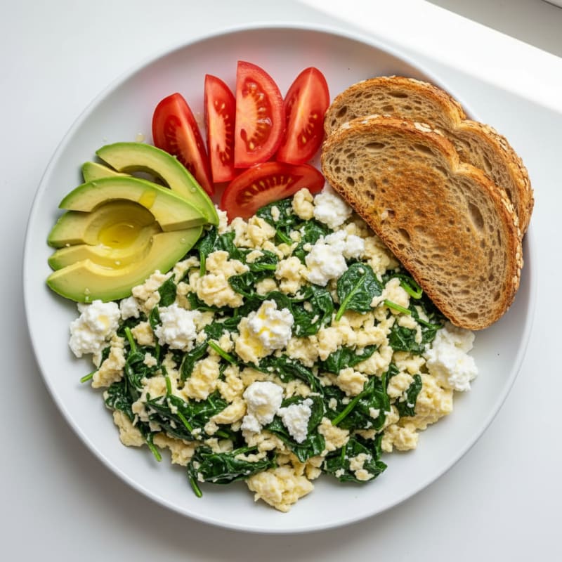 Egg White and Spinach Scramble with Cottage Cheese and Sliced Tomatoes