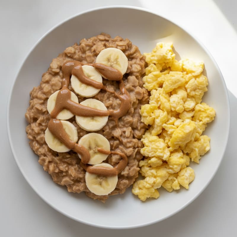 Peanut Butter Banana Protein Oatmeal with Scrambled Eggs