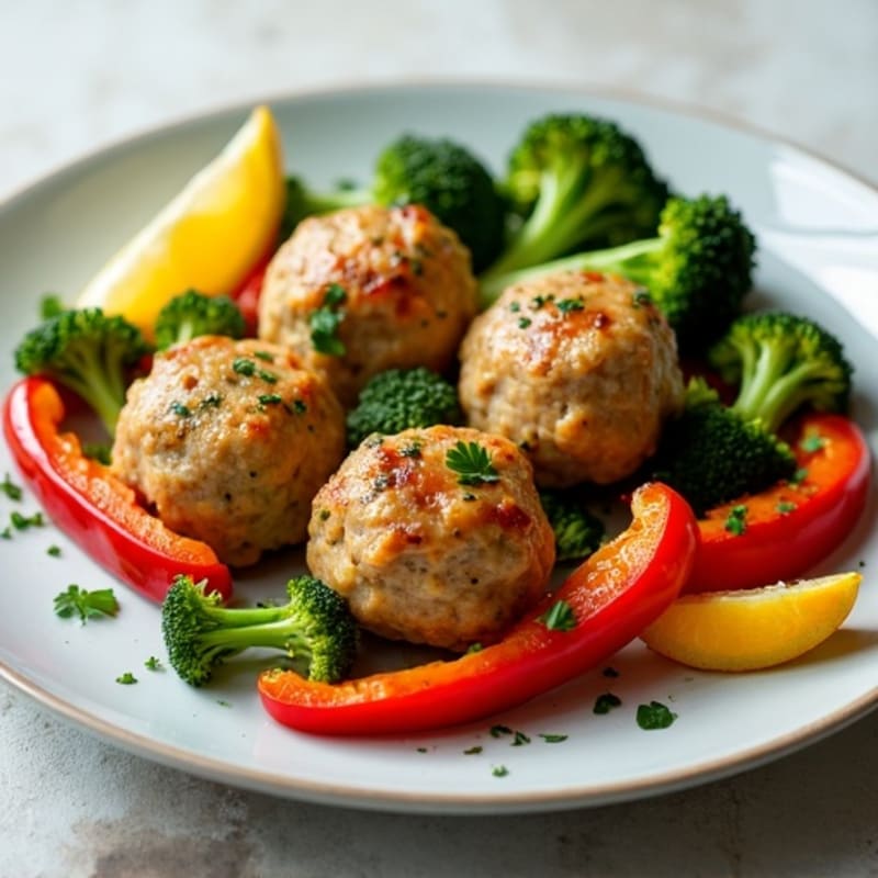 Sheet Pan Lemon Herb Chicken Meatballs with Roasted Broccoli and Bell Peppers