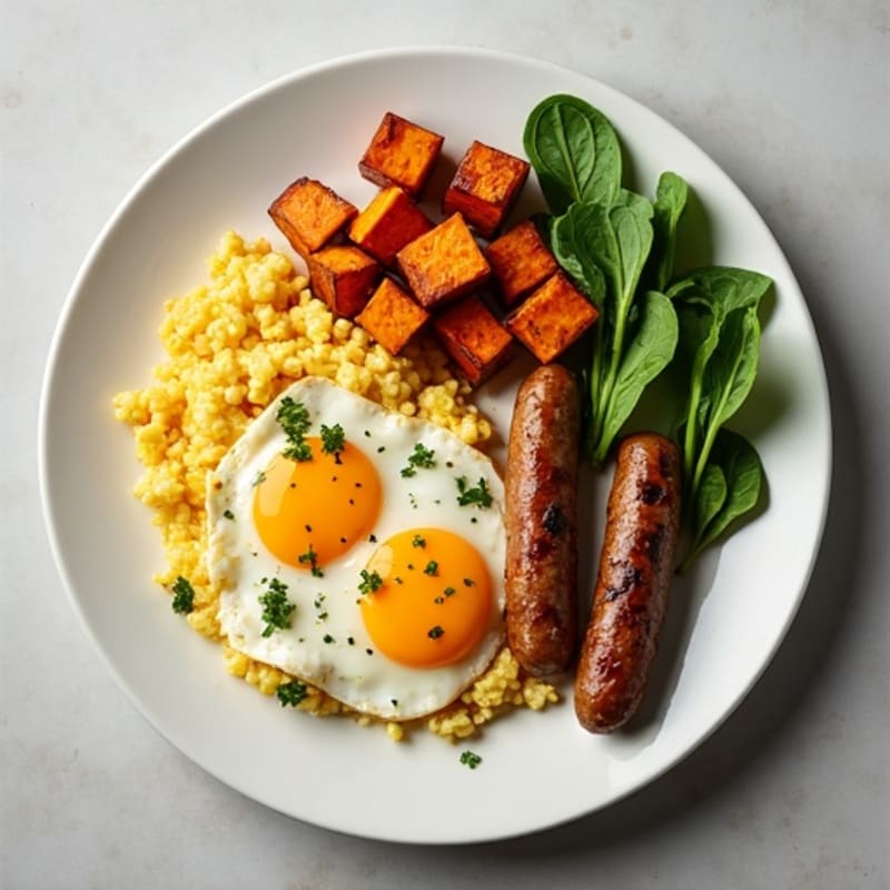 Egg White Scramble with Turkey Sausage and Roasted Sweet Potatoes